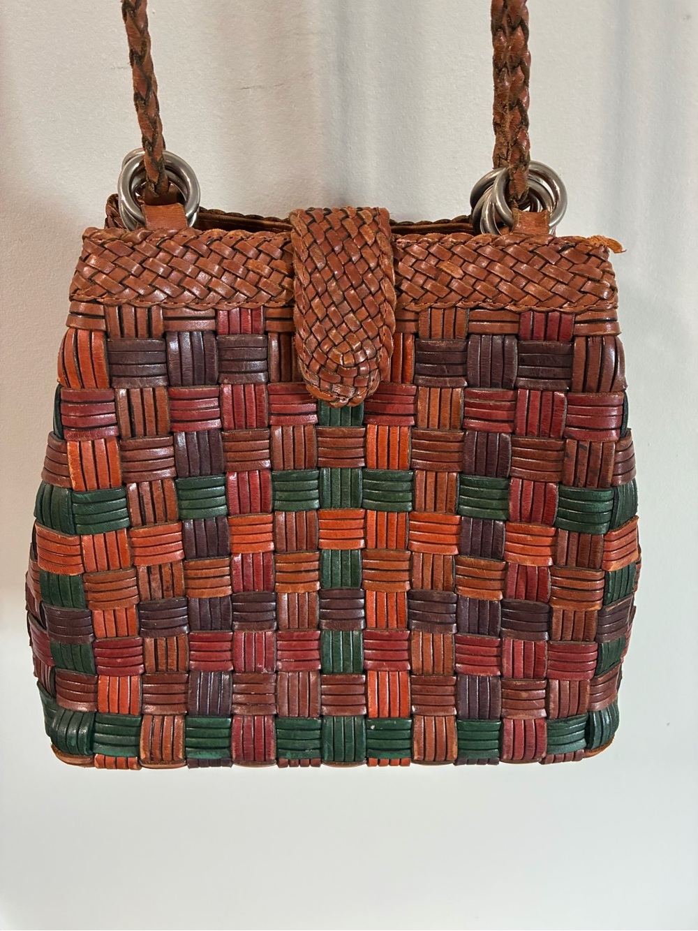 Vintage Woven Multicolor Leather Shoulder Bag - Brown, Green & Red